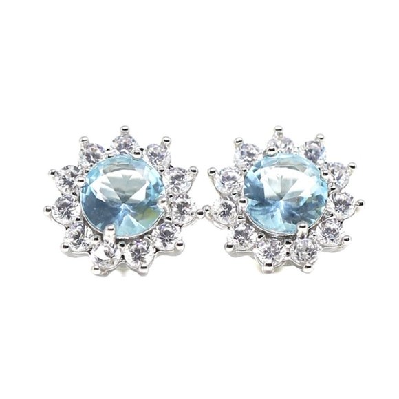 18k Gold Dipped Halo Blue Aqua Topaz Earring Studs - Picture 6 of 9